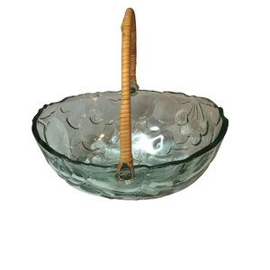 Vintage Indiana Glass Co Green Fruit Embossed Bowl Basket with Rattan Handle